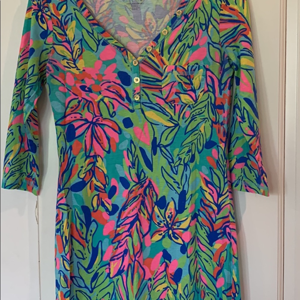 Lilly Pulitzer Dress Aqua Pink Yellow Green Blue Leaves Size Extra Small.